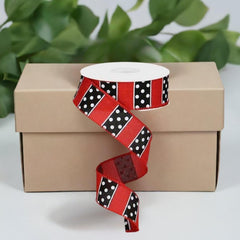 1.5" B & W Polka Dot Stripes Ribbon: Red (10 Yards)