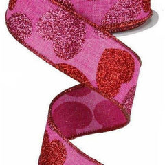 1.5" Bold Glitter Hearts Royal Ribbon: Pink (10 Yards)