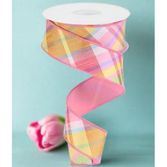 1.5" Diagonal Plaid Fused Ribbon: Light Pink/Yellow (10 Yards)