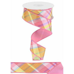 1.5" Diagonal Plaid Fused Ribbon: Light Pink/Yellow (10 Yards)