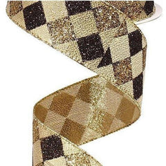 1.5" Glitter Diamond Check Ribbon: Black & Gold (10 Yards)