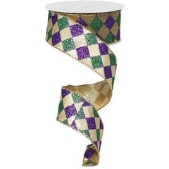 1.5" Harlequin Glitter Diamond Ribbon: Mardi Gras (10 Yards)