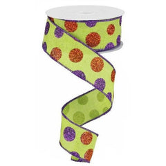 1.5" Lime Green Ribbon with Multi Glitter Dots