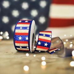 1.5" Navy Glitter Stripes With Stars Ribbon: Natural (10 Yards)