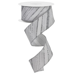 1.5in Diagonal Line Satin Glitter Ribbon: White/Silver (10 Yards)