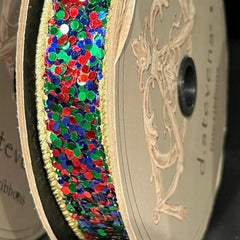 1" Cirque Glitter Ribbon: Emerald Green/Red/Blue (10 Yards)