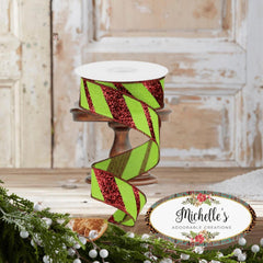 1.5" Diagonal Glitter on Royal Ribbon: Lime Green (10 Yards)