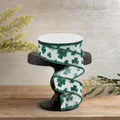 1.5" Glitter Shamrock Tinsel Ribbon: White (10 Yards)