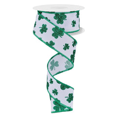 1.5" Glitter Shamrocks Ribbon: White (10 Yards)