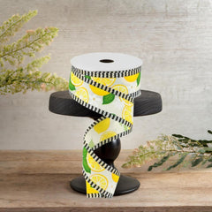 1.5" Lemon with Leaves Thin Stripes Ribbon: Cream (10 Yards)