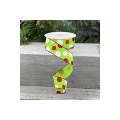 1.5" Multi Glitter Dots Ribbon: Lime Green, Red, White (10 Yards)