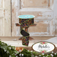 1.5" Multi Swirls Glitter Ribbon: Black/Orange/Purple/Lime (10 Yard)