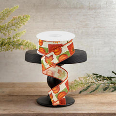 1.5" Pumpkin Sunflower and Maple Leaf Ribbon: Lt Natural (10 Yards)