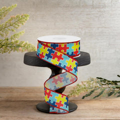 1.5" Puzzle Piece Ribbon on Royal: Autism Awareness (10 Yards)
