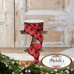 1.5" Satin Paw Print Ribbon: Red & Black (10 Yards)