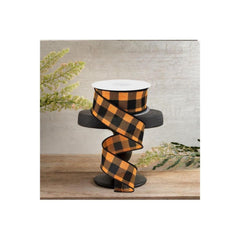 1.5" Striped Check on Royal Ribbon: Orange/Black (10 Yards)