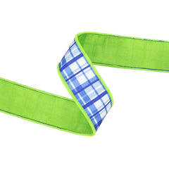 1.5in Blue and White Plaid with Lime Green Backing Ribbon (10 Yards)