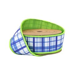 1.5in Blue and White Plaid with Lime Green Backing Ribbon (10 Yards)