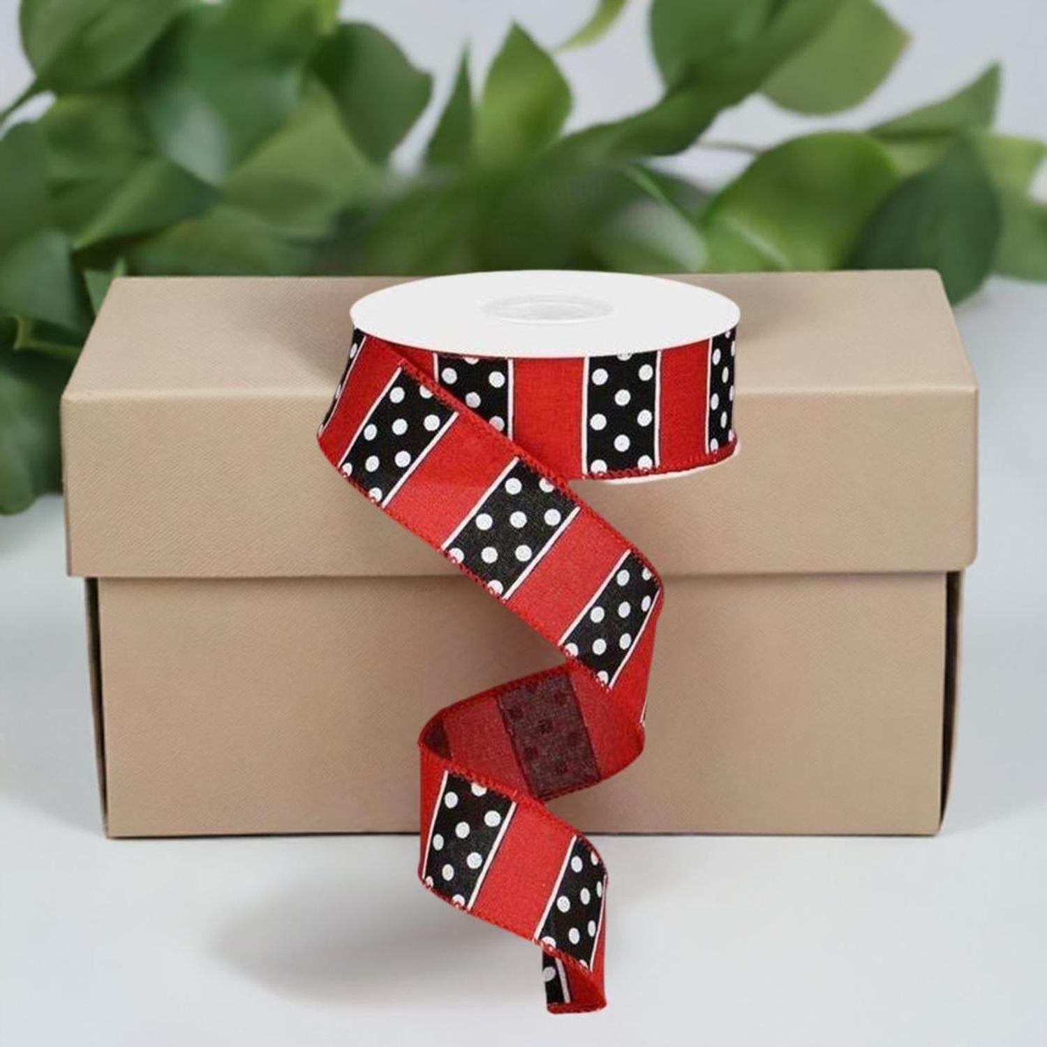 1.5" B & W Polka Dot Stripes Ribbon: Red (10 Yards)