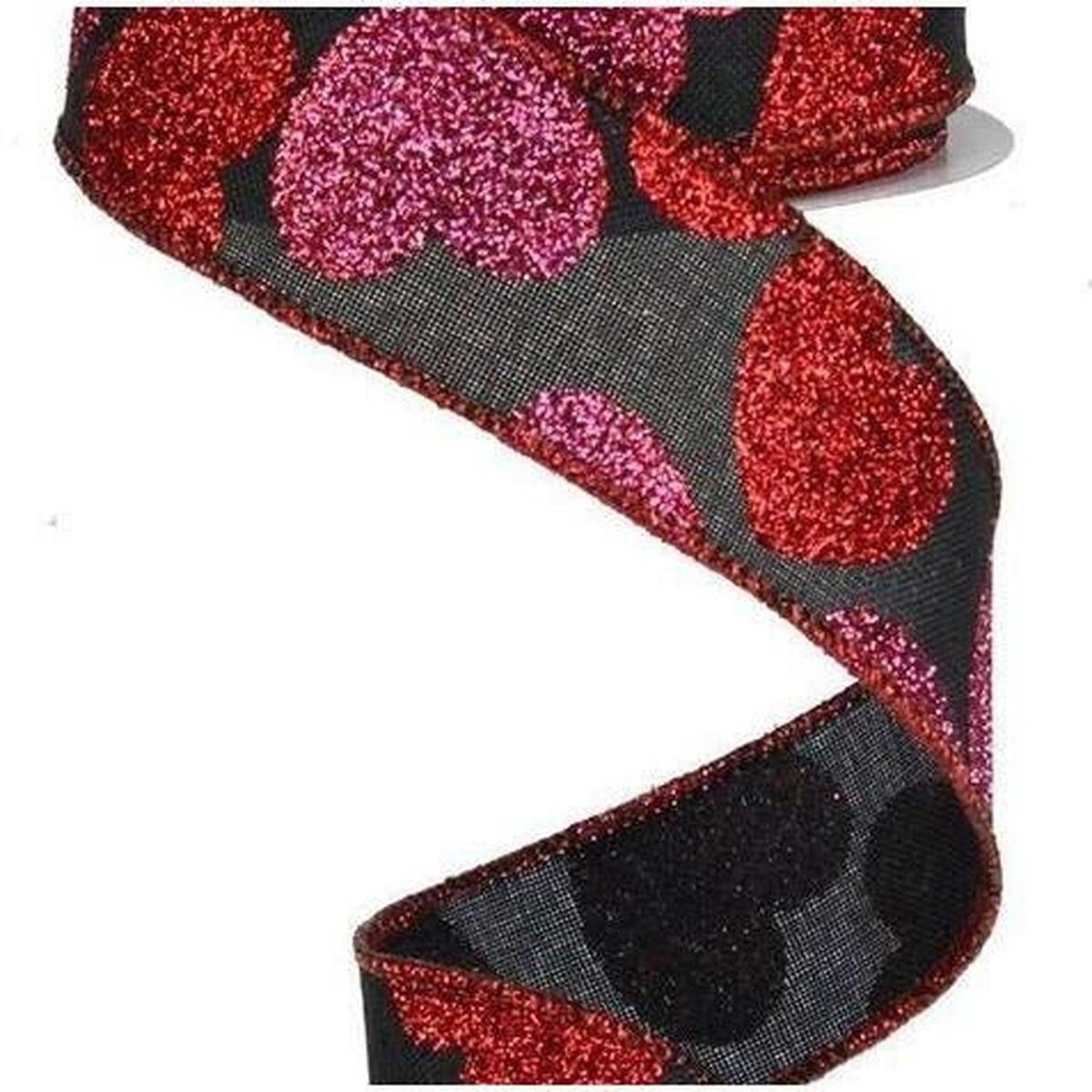 1.5" Bold Glitter Hearts Royal Ribbon: Black (10 Yards)