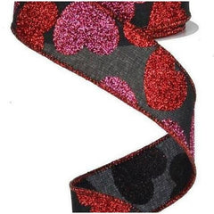 1.5" Bold Glitter Hearts Royal Ribbon: Black (10 Yards)