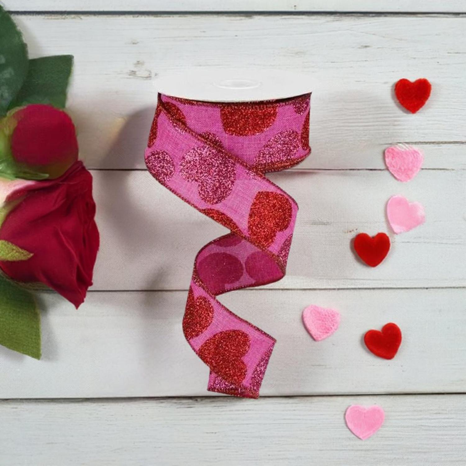 1.5" Bold Glitter Hearts Royal Ribbon: Pink (10 Yards)