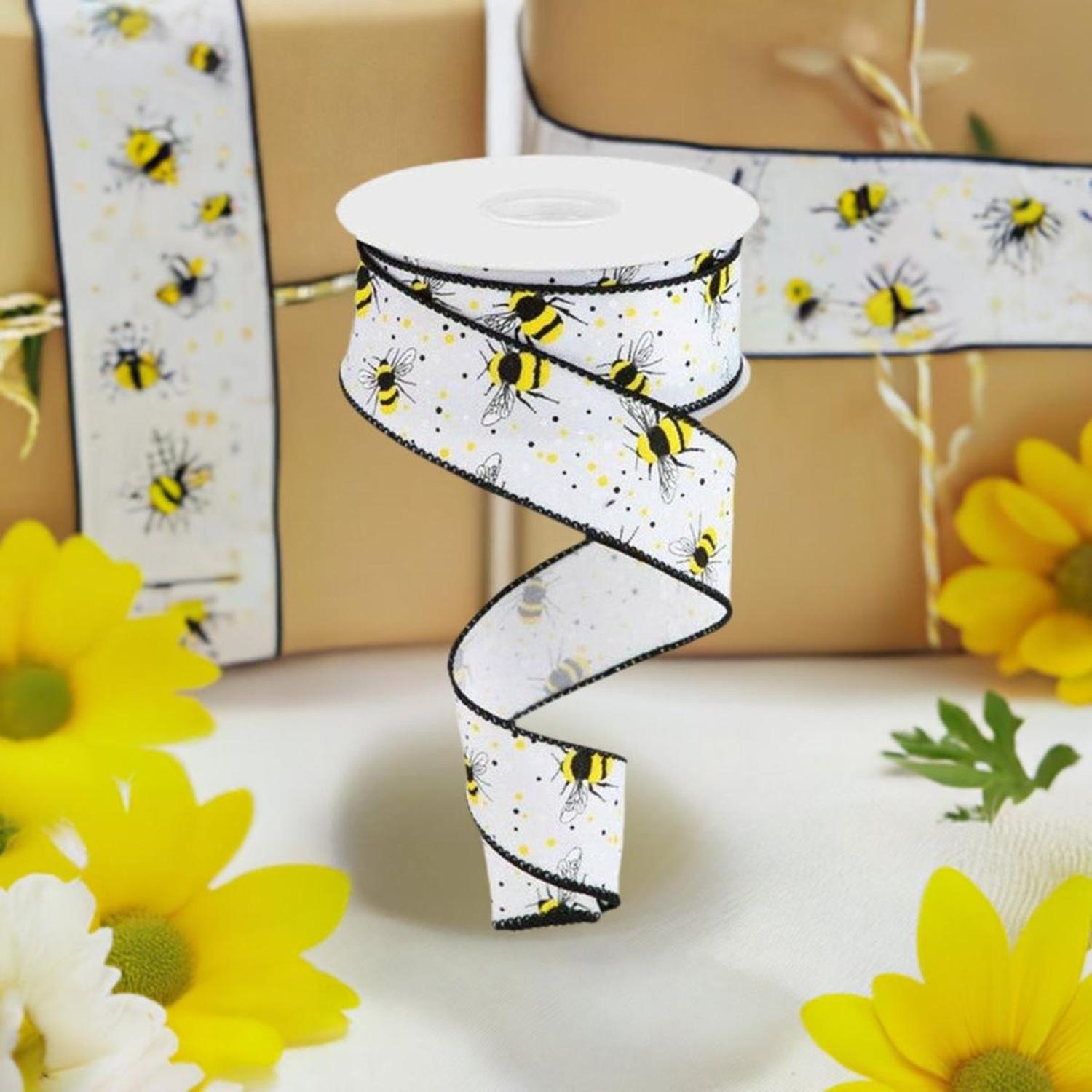 1.5" Bumble Bee On Diagonal Weave Ribbon: White (10 Yards)