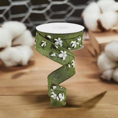1.5" Cotton Pod Ribbon: Moss Green & White (10 Yards)