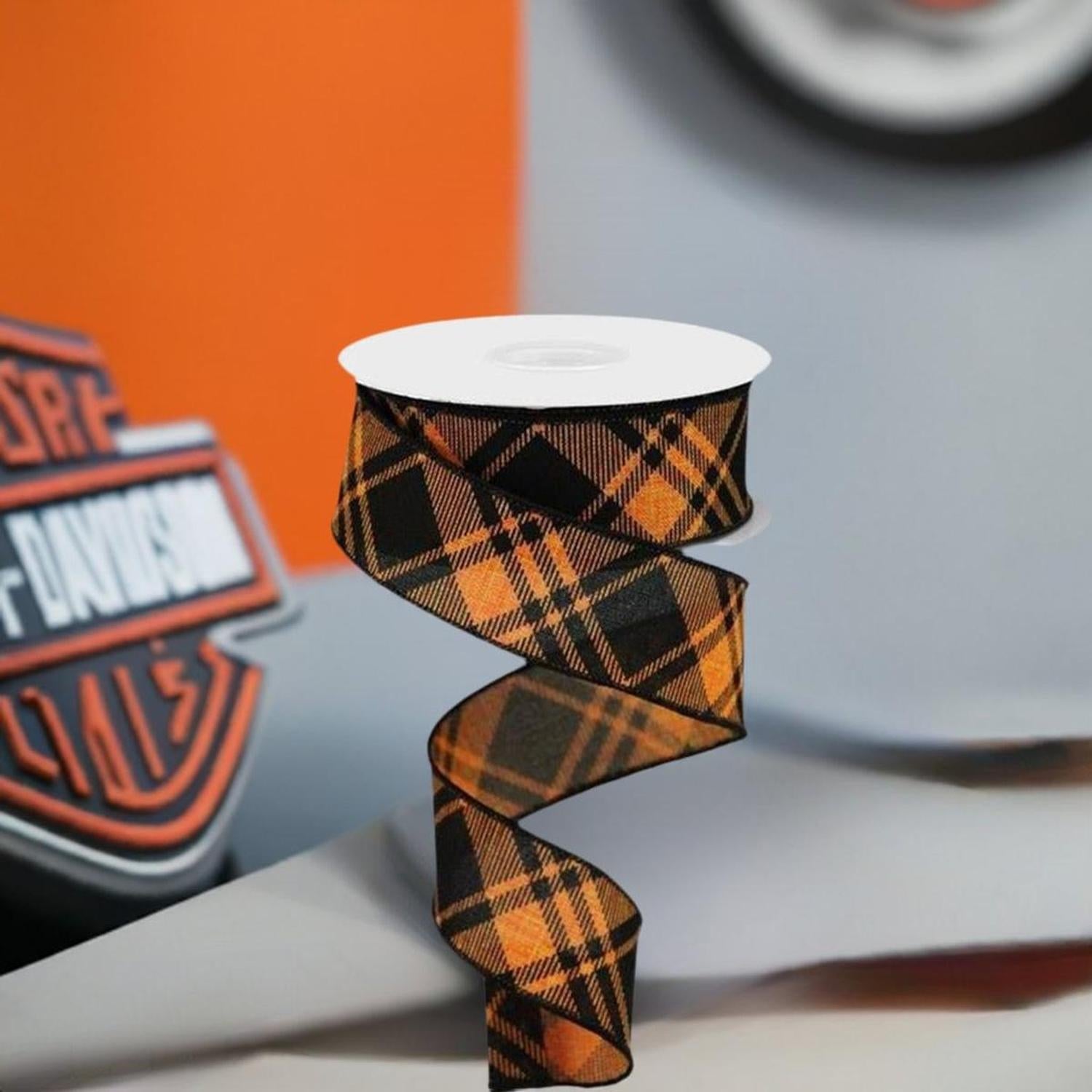 1.5" Diagonal Stripe and Check Ribbon: Orange (10 Yards)