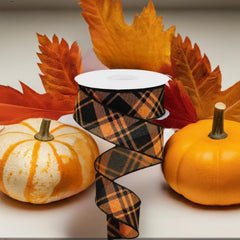 1.5" Diagonal Stripe and Check Ribbon: Orange (10 Yards)