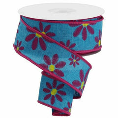 1.5" Embroidered Daisy Ribbon: Light Teal (10 Yards)