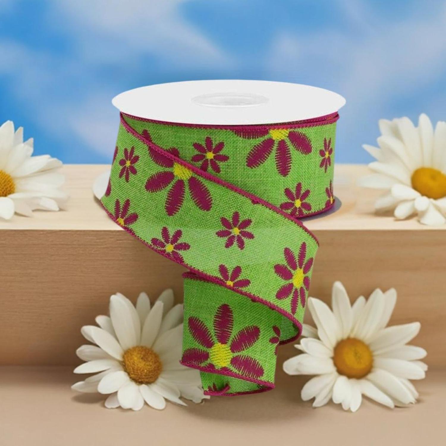 1.5" Embroidered Daisy Ribbon: Lime Green (10 Yards)