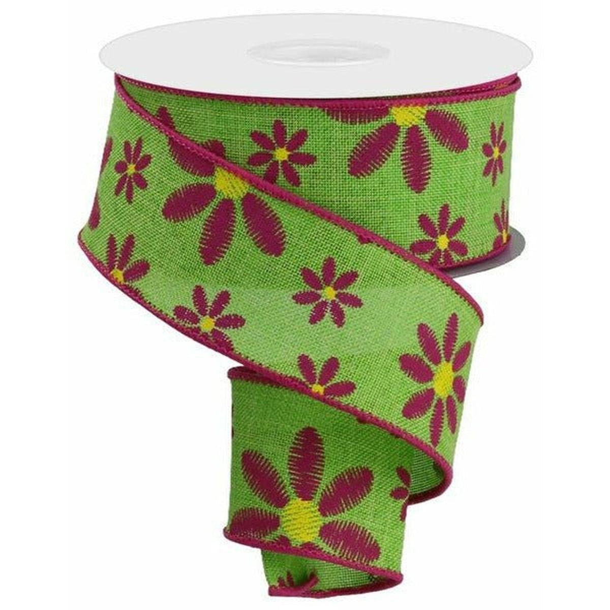 1.5" Embroidered Daisy Ribbon: Lime Green (10 Yards)