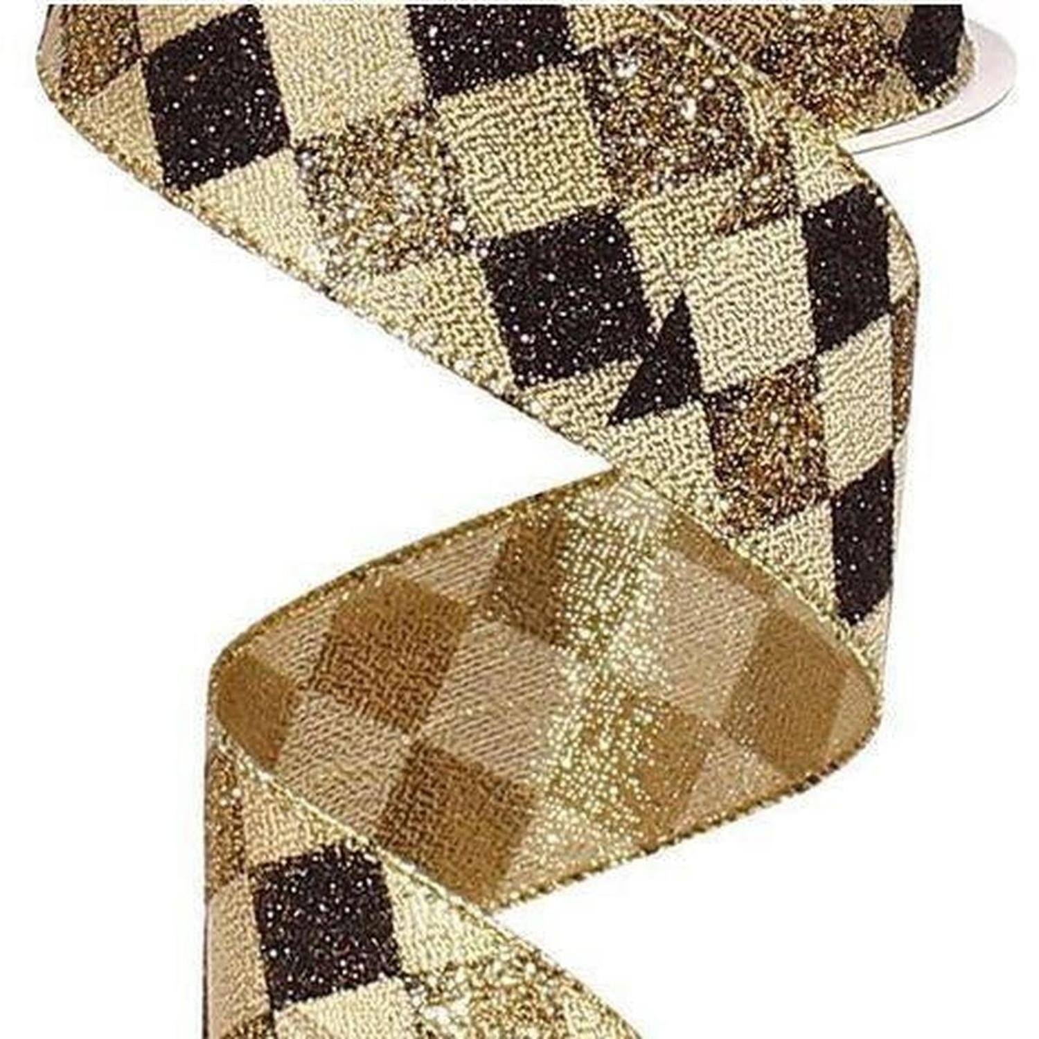 1.5" Glitter Diamond Check Ribbon: Black & Gold (10 Yards)
