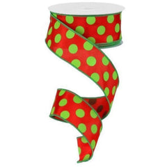 1.5" Large Polka Dot Ribbon: Red & Lime Green (10 Yards)
