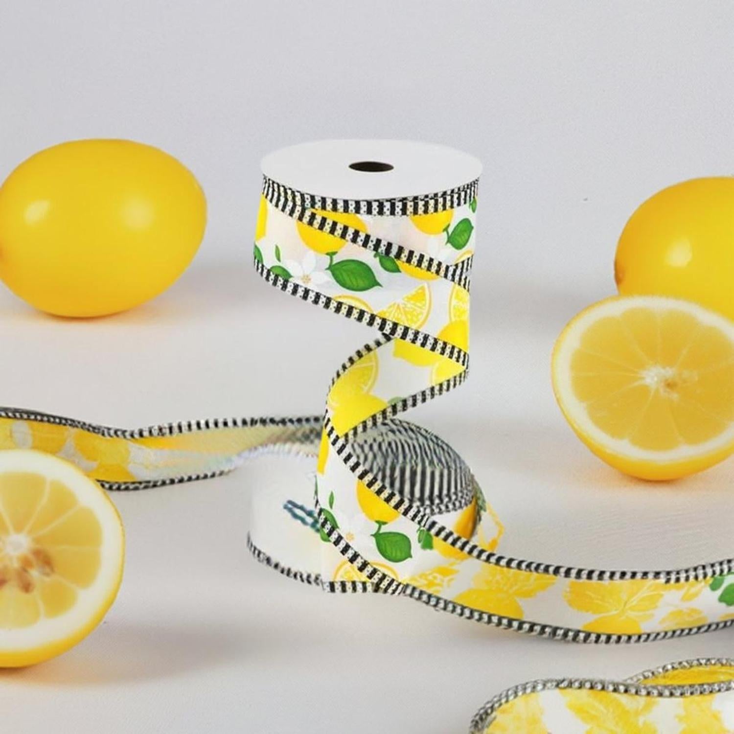1.5" Lemon Thin Stripes Ribbon: White (10 Yards)