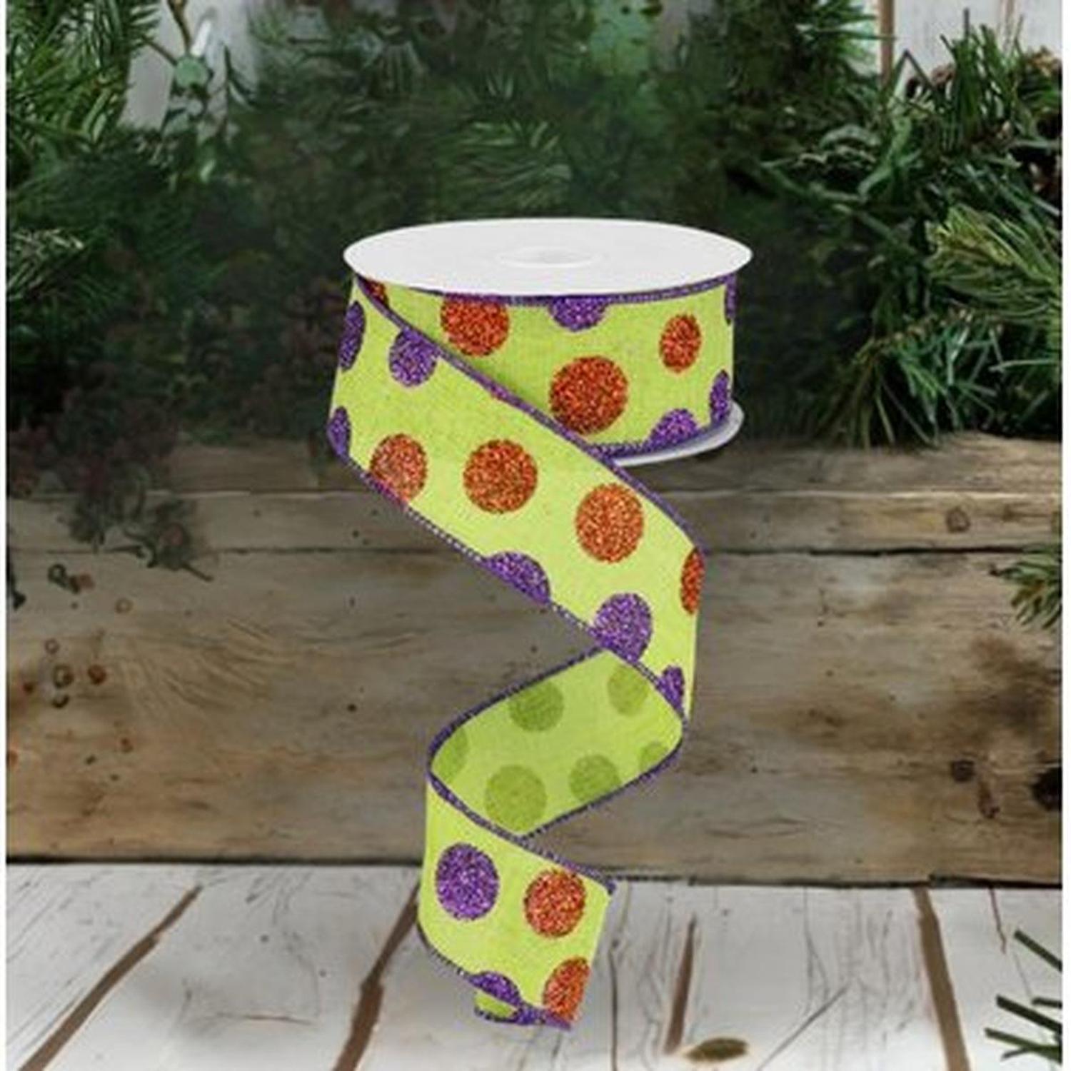1.5" Lime Green Ribbon with Multi Glitter Dots