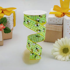 1.5" Mini Bumblebees on Check Ribbon: Lime Green (10 Yards)