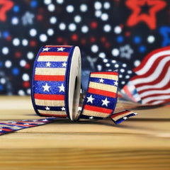 1.5" Navy Glitter Stripes With Stars Ribbon: Natural (10 Yards)