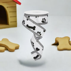 1.5" Paw Print Thin Stripe Ribbon: White & Black (10 Yards)