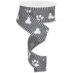 1.5" Paw Print Thin Stripes Ribbon: Grey (10 Yards)