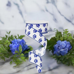 1.5" Satin Paw Print Ribbon: Blue & White (10 Yards)