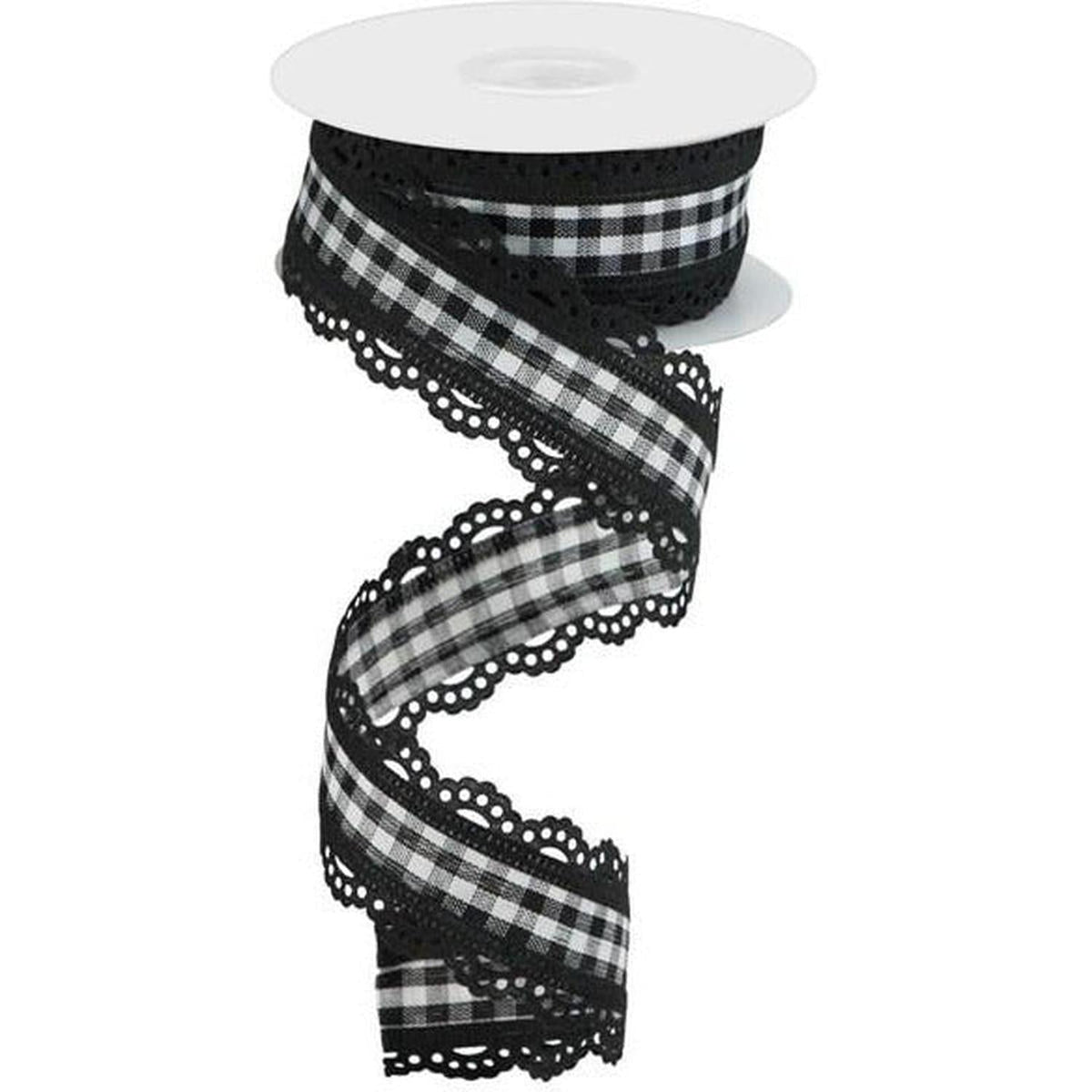 1.5" Scalloped Edge Gingham Ribbon: Black (10 Yard)