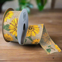 1.5" Sunflowers Linen Ribbon: Light Natural (10 Yards)