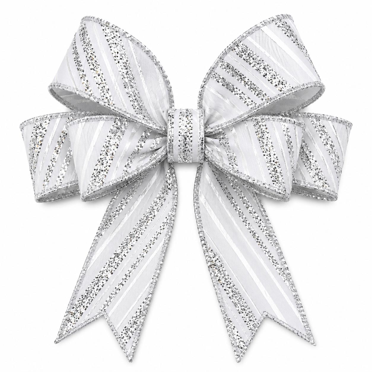 1.5in Diagonal Line Glitter Ribbon: White/Silver (10 Yards)