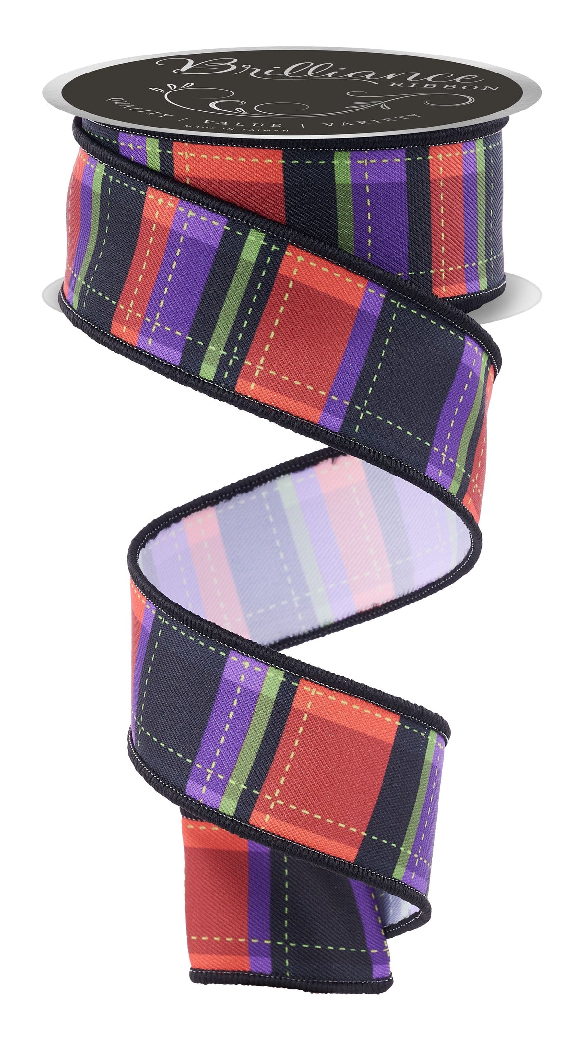 1.5in Dashed Plaid Ribbon: Orange/Black/Purple (10 Yard)