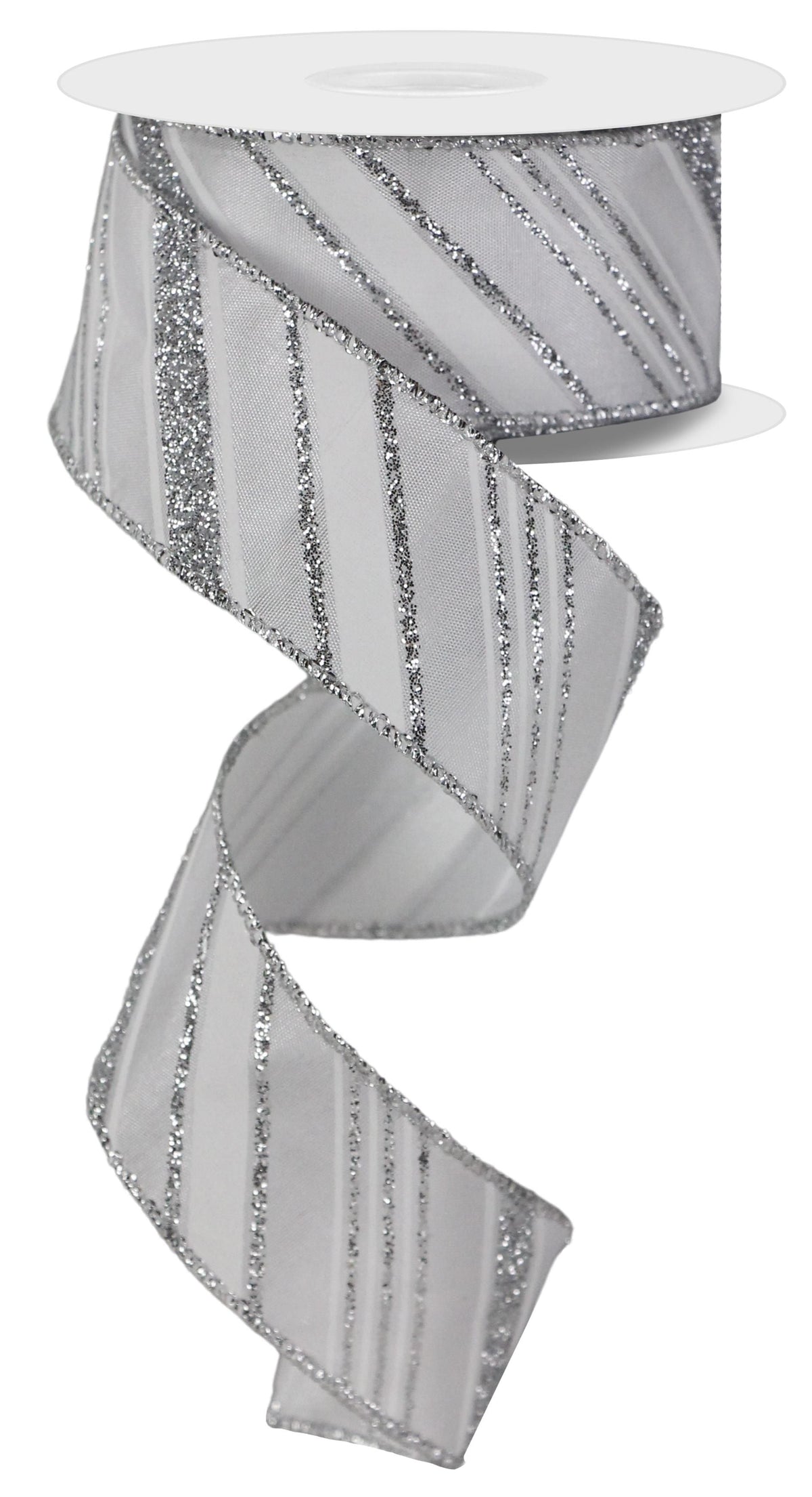 1.5in Diagonal Line Satin Glitter Ribbon: White/Silver (10 Yards)