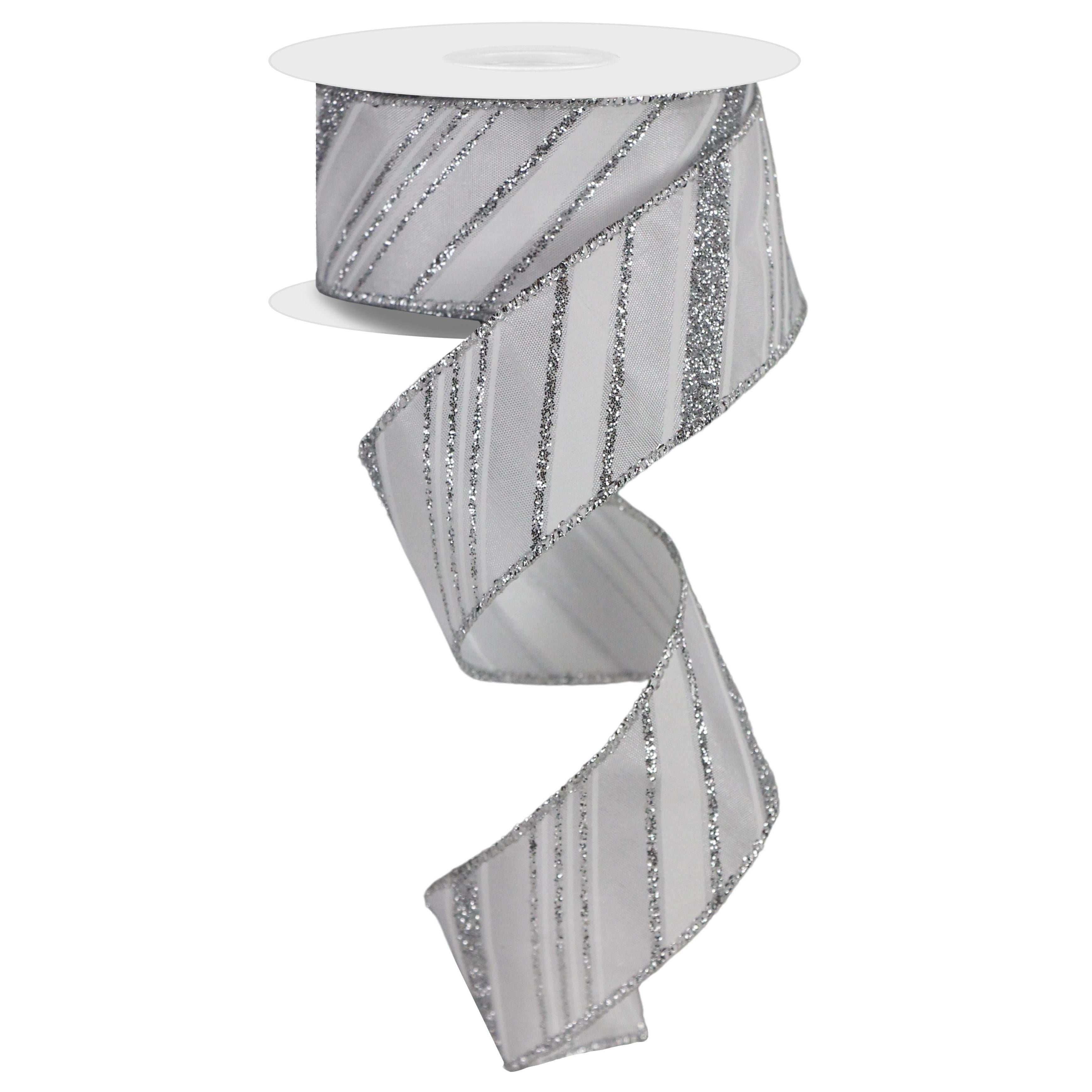1.5in Diagonal Line Satin Glitter Ribbon: White/Silver (10 Yards)