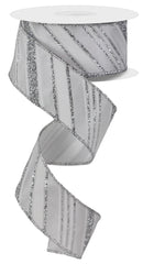 1.5in Diagonal Line Satin Glitter Ribbon: White/Silver (10 Yards)