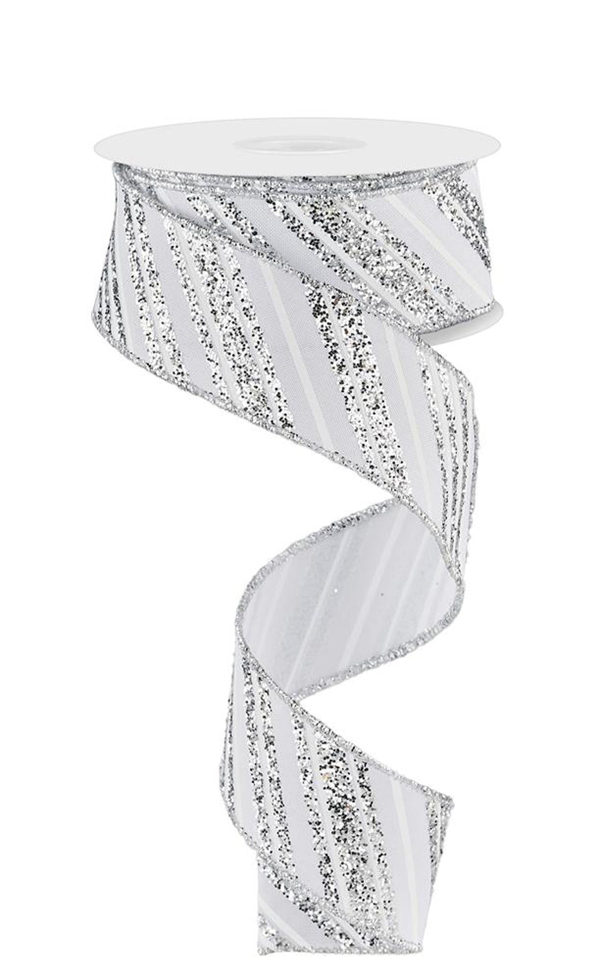1.5in Diagonal Line Glitter Ribbon: White/Silver (10 Yards)